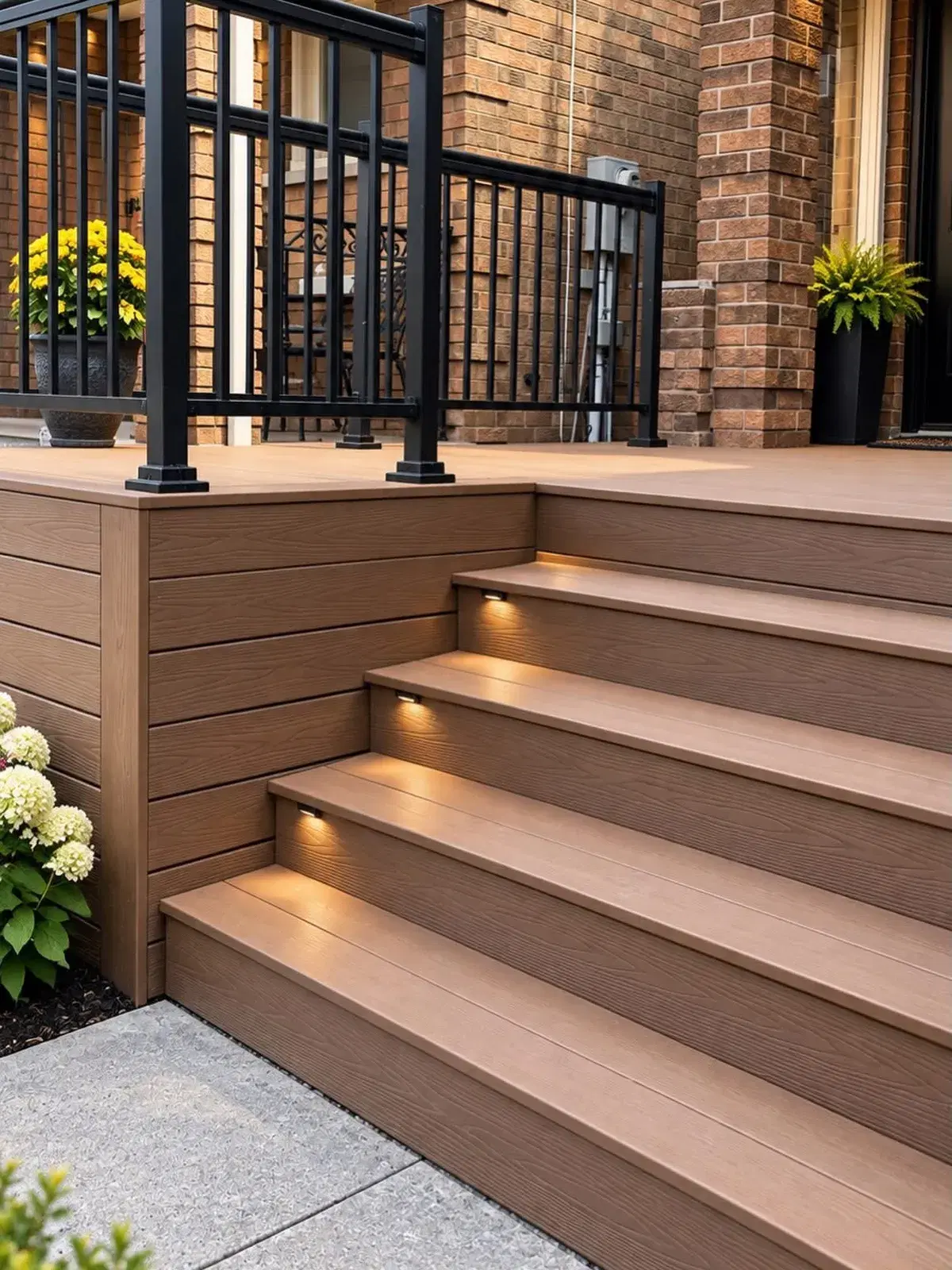 Composite deck stairs with LED riser lighting and a black aluminum railing