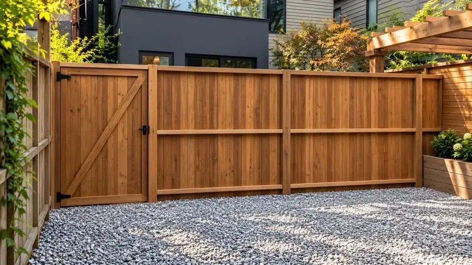 Custom cedar privacy fence and gate with a pergola in a modern backyard