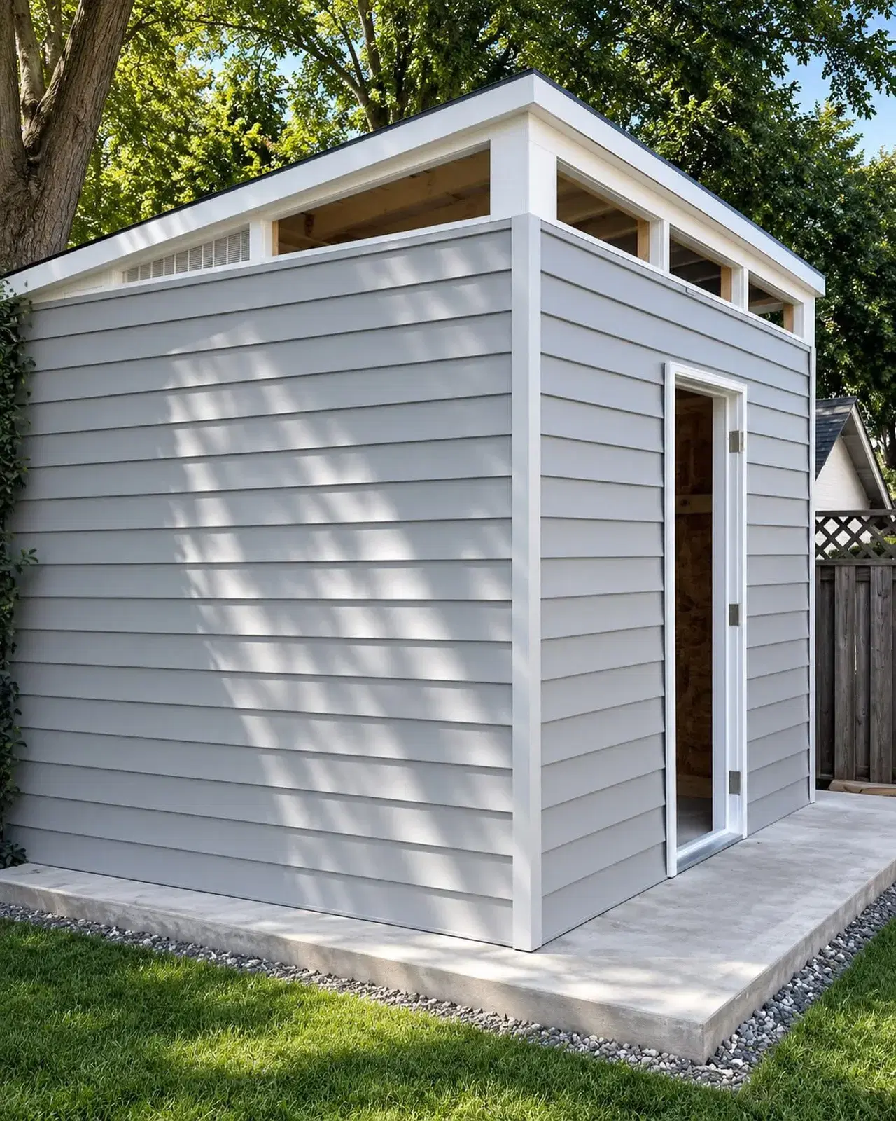 Modern backyard studio shed with grey siding and clerestory windows