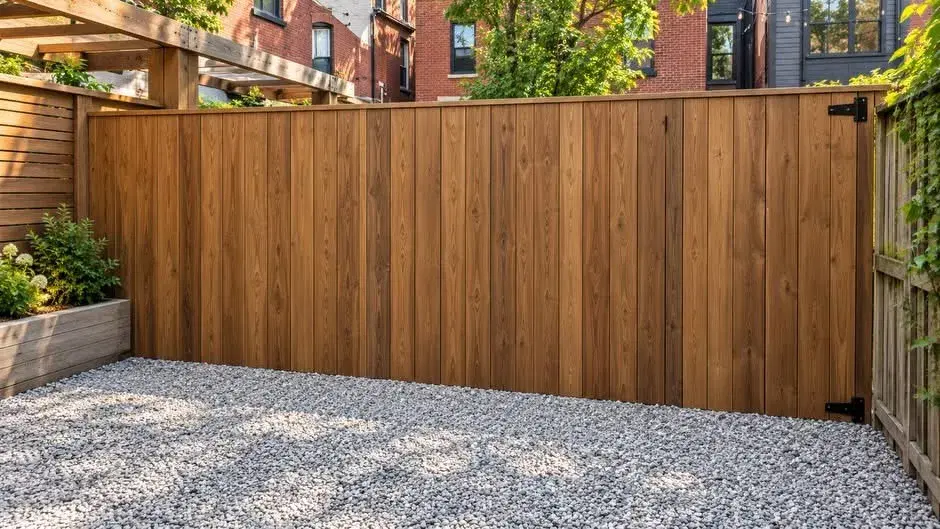 Cedar wood privacy fence enclosing a low-maintenance gravel backyard