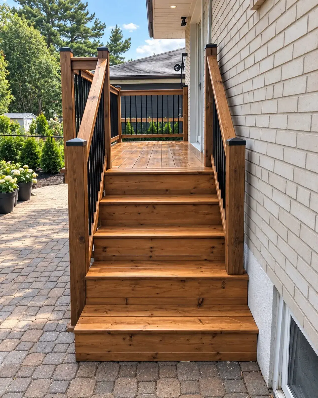 Cedar deck stairs with wood railing and black spindles beside a paver patio