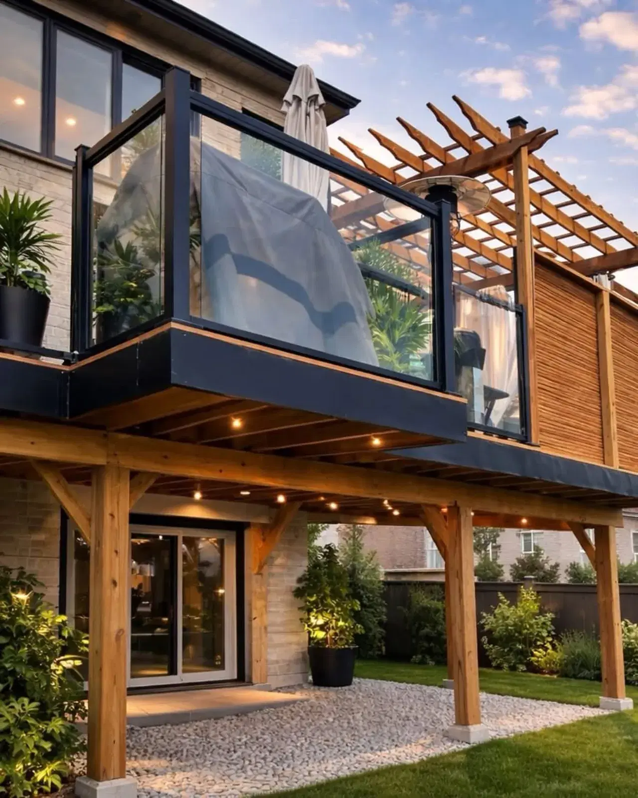 Elevated cedar deck with glass railings, pergola and lighting over a walkout patio
