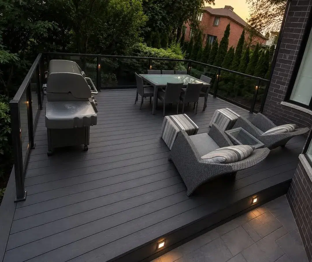 Grey composite deck at dusk with glass railing, built-in lighting and lounge seating