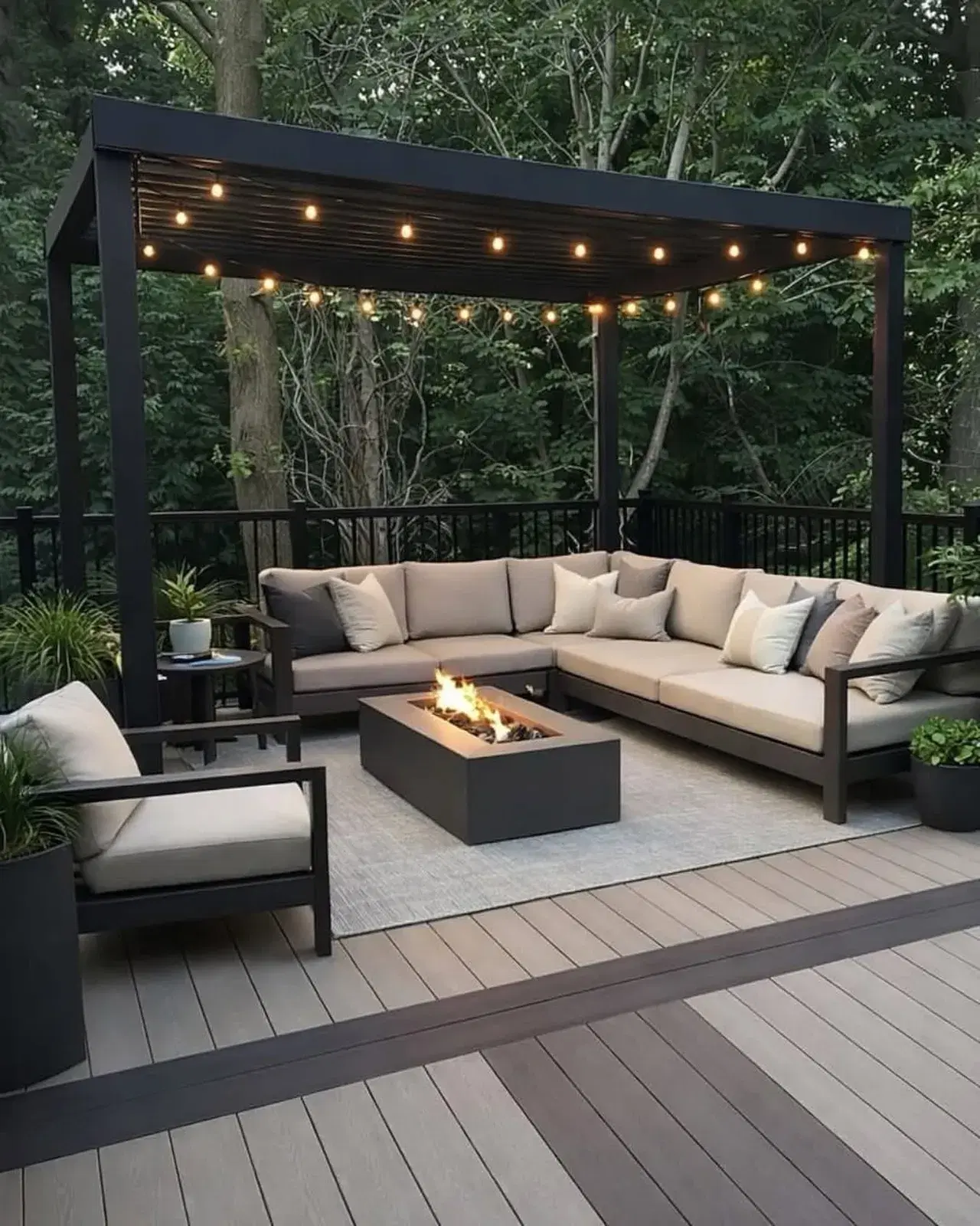 Composite deck with a modern black pergola, fire table and sectional under string lights