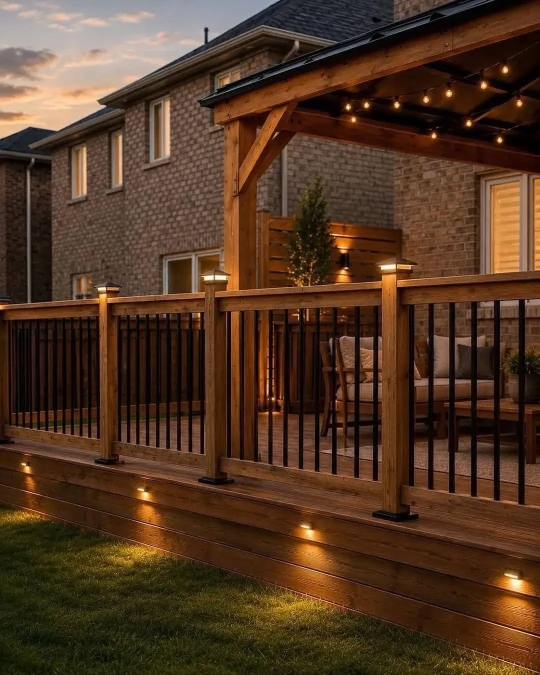 Cedar deck with pergola, black-spindle railing and warm LED lighting at dusk