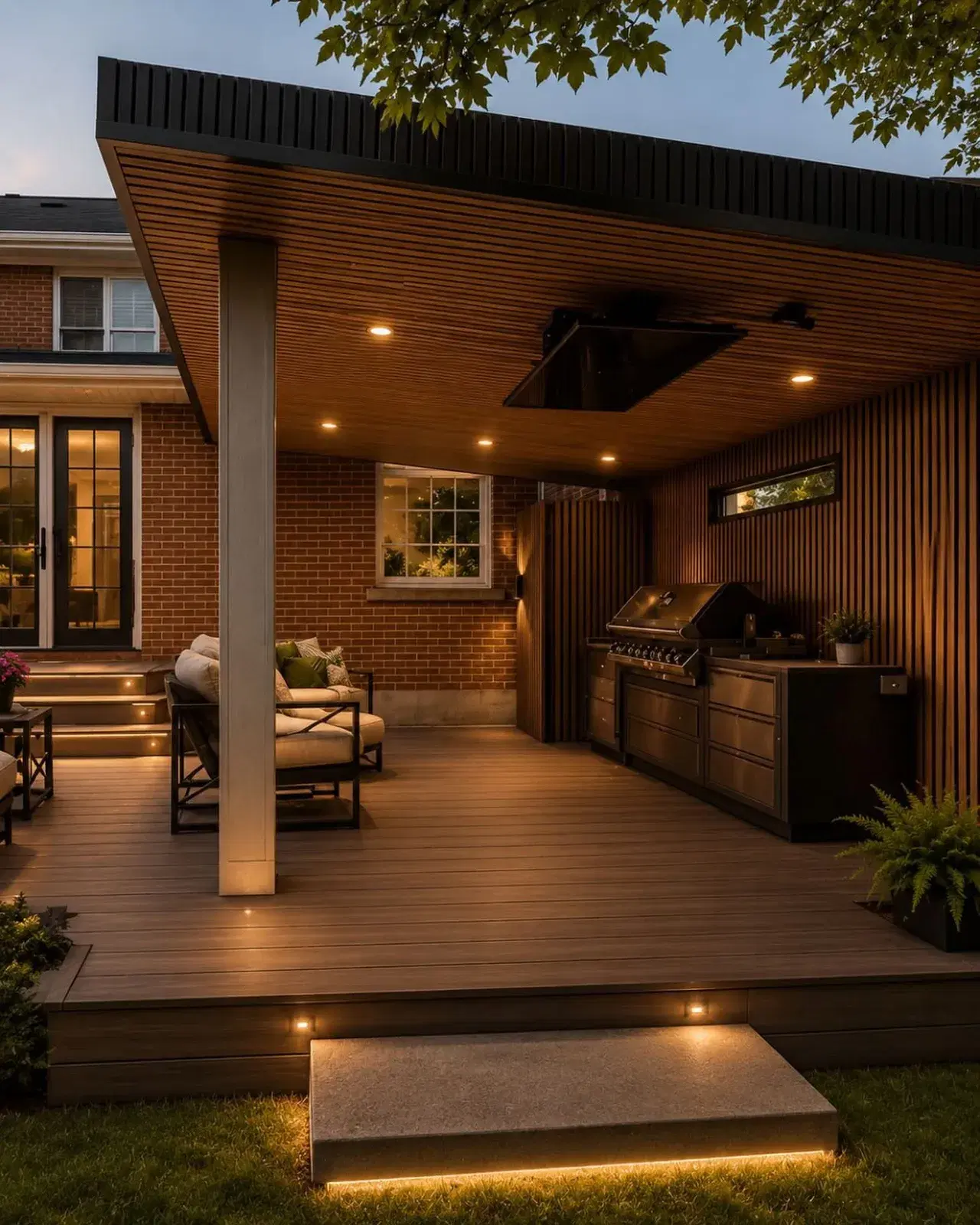 Covered composite deck with a cedar slat ceiling, built-in grill and pot lights