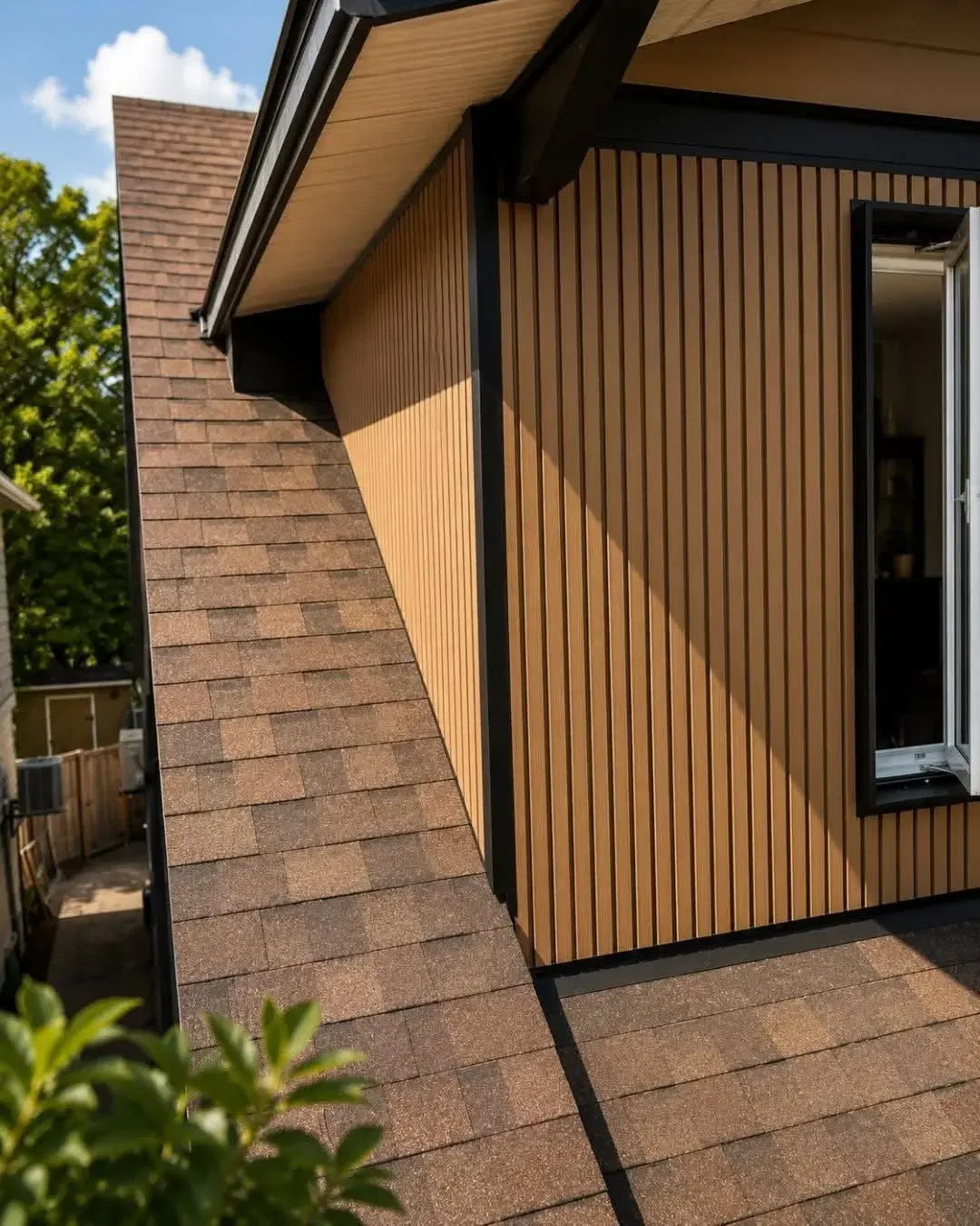 Modern vertical board-and-batten cladding and new roofing on a home exterior
