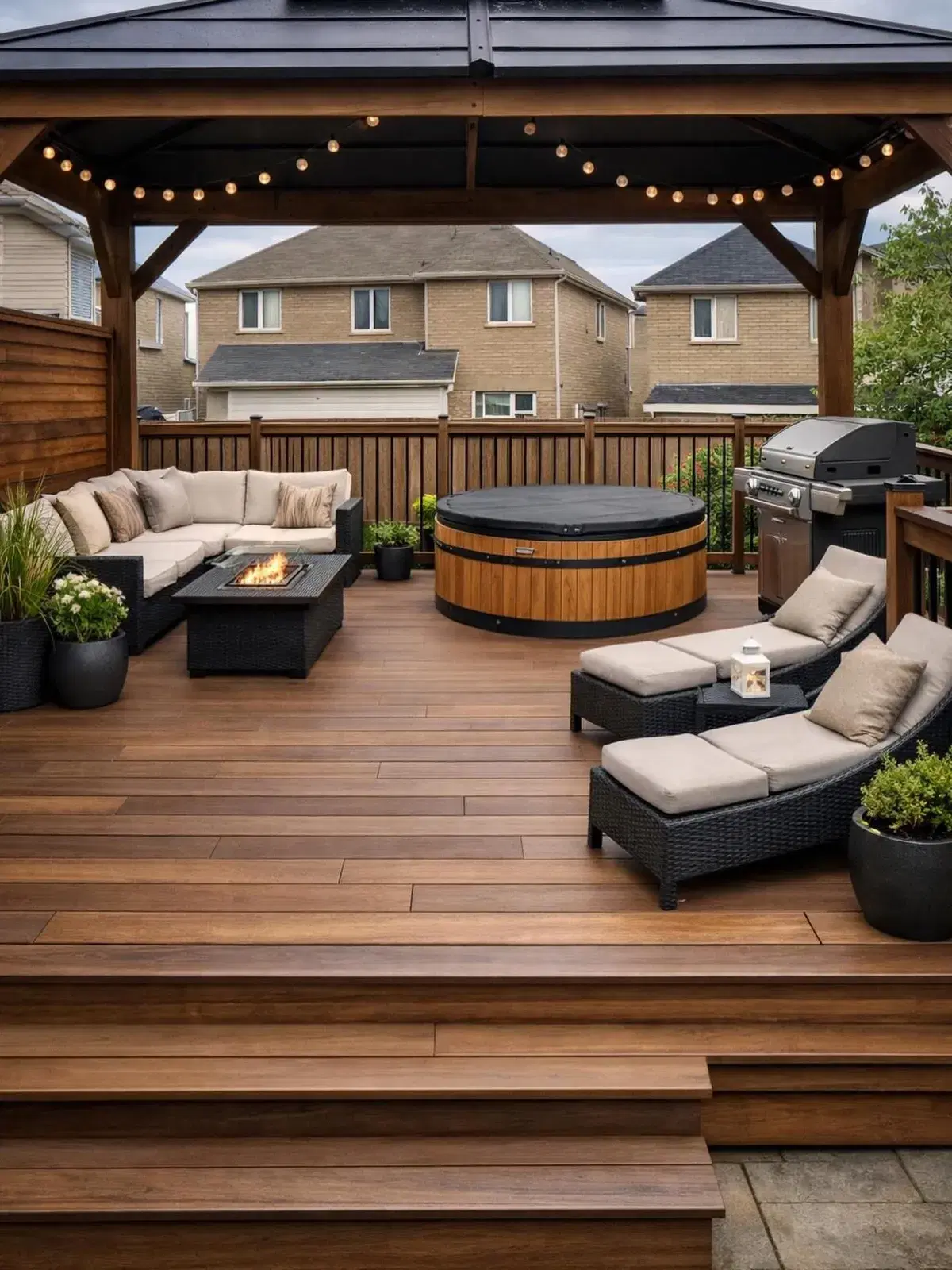Spacious wood deck with a gazebo, hot tub and fire-table lounge area