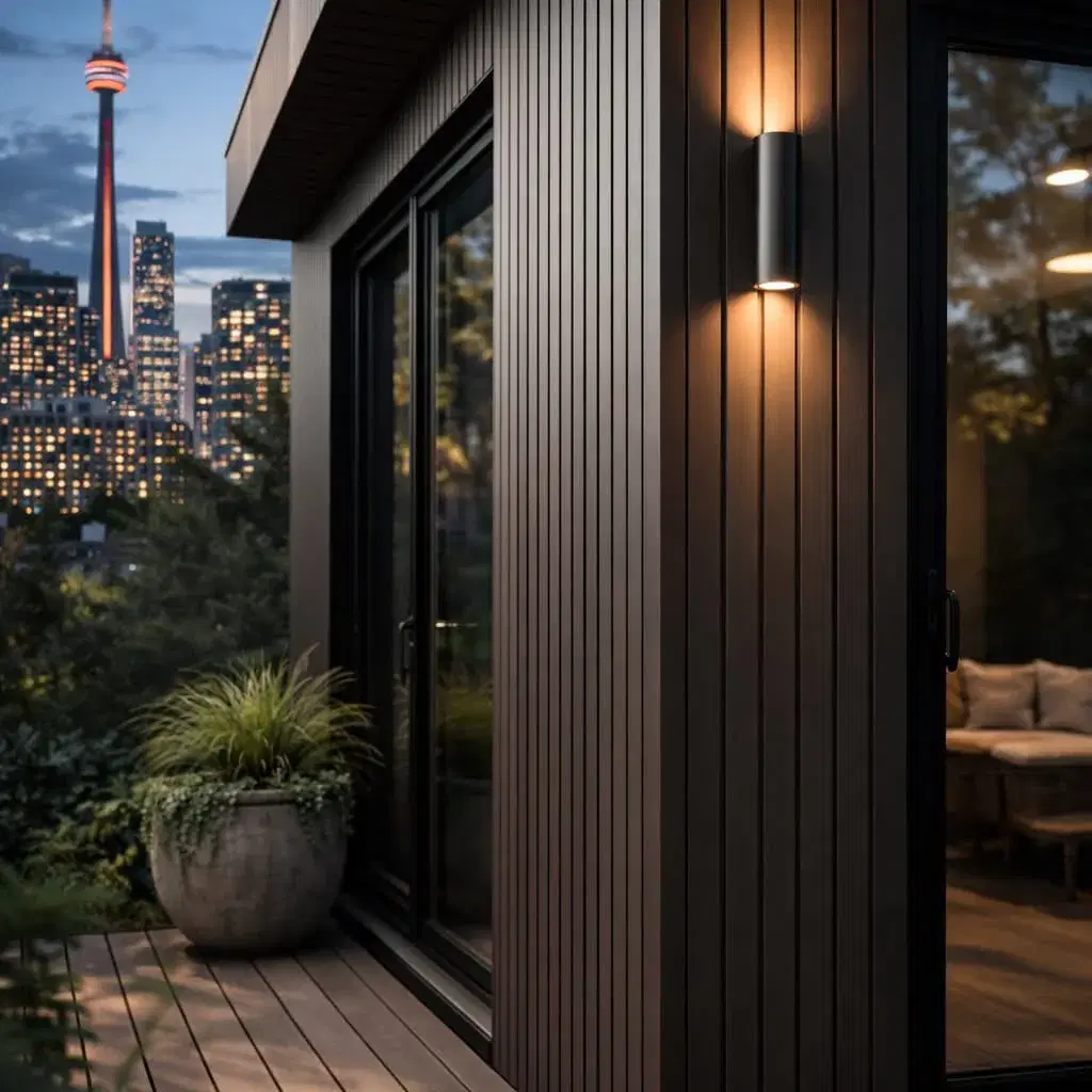 Modern rooftop deck with dark cladding overlooking the Toronto skyline